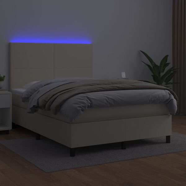 vidaXL Box spring postelja z vzmetnico LED krem 140x190cm umetno usnje