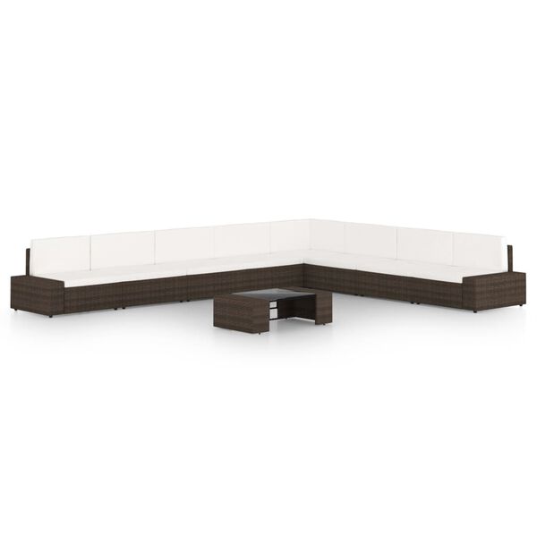 vidaXL Vrtna sedežna garnitura 9-delna z blazinami rjav poli ratan