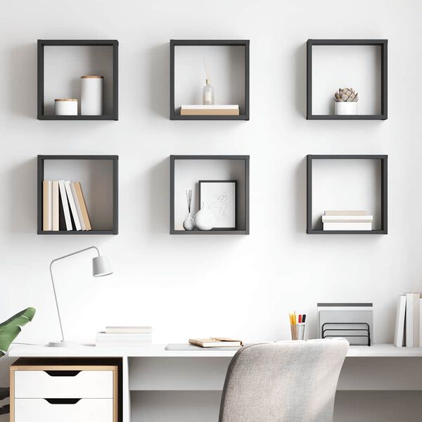 vidaXL Stenske police kockaste 6 kosov visok sijaj sive 30x15x30 cm