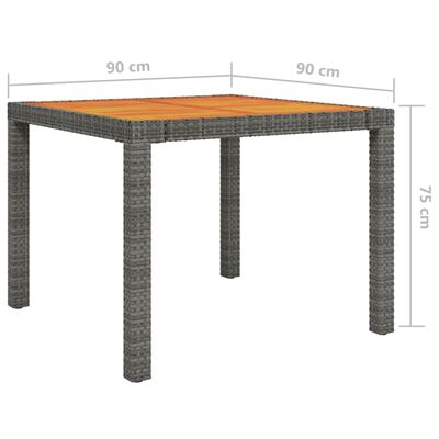 vidaXL Vrtna miza 90x90x75 cm poli ratan in akacijev les siva