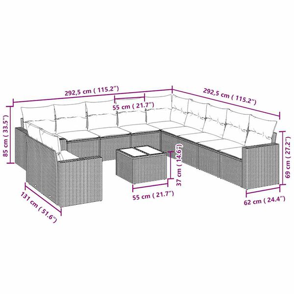vidaXL Vrtna sedežna garnitura 12-delna z blazinami siva poli ratan
