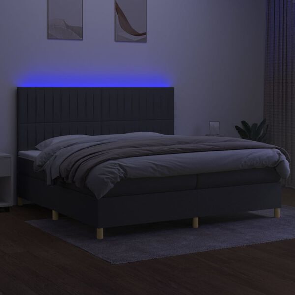 vidaXL Box spring postelja z vzmetnico LED temno siva 200x200 cm blago