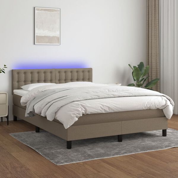 vidaXL Box spring postelja z vzmetnico LED taupe 140x190 cm blago