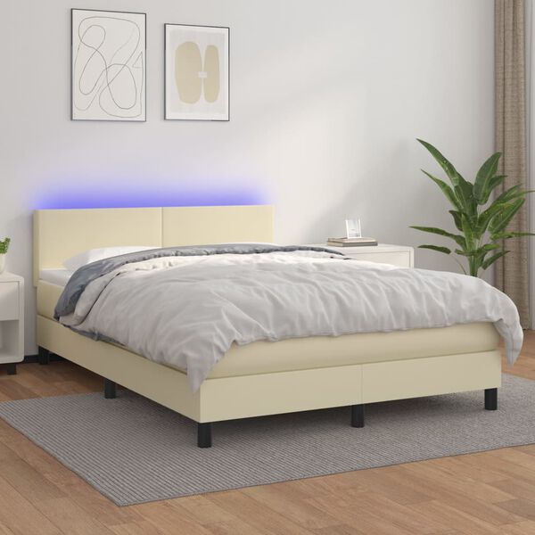 vidaXL Box spring postelja z vzmetnico LED krem 140x190cm umetno usnje