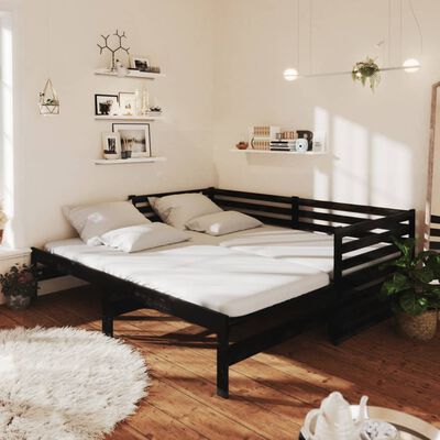vidaXL Izvlečna dnevna postelja 2x(90x200) cm črna trdna borovina