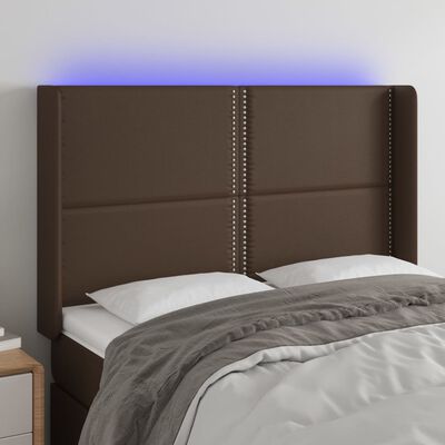 vidaXL LED posteljno vzglavje rjavo 147x16x118/128 cm umetno usnje