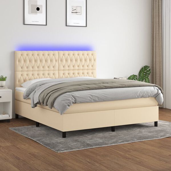 vidaXL Box spring postelja z vzmetnico LED krem 180x200 cm blago
