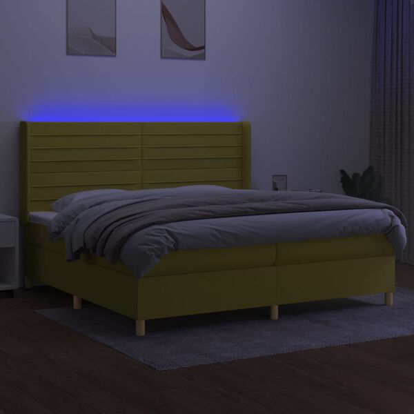 vidaXL Box spring postelja z vzmetnico LED zelena 200x200 cm blago