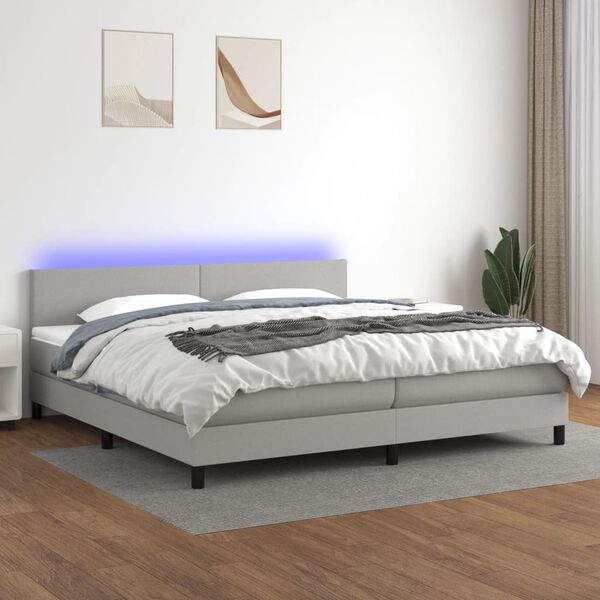 vidaXL Box spring postelja z vzmetnico LED sv. siva 200x200 cm blago
