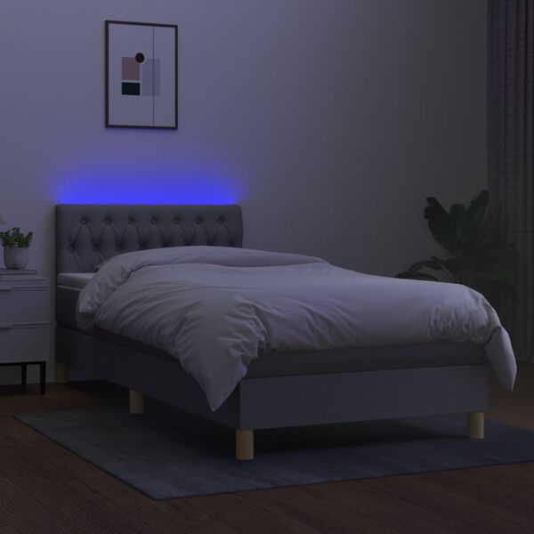 vidaXL Box spring postelja z vzmetnico LED sv. siva 100x200 cm blago