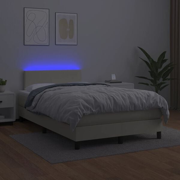 vidaXL Box spring postelja z vzmetnico LED krem 120x200cm umetno usnje