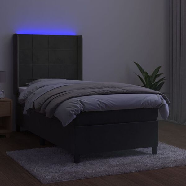 vidaXL Box spring postelja z vzmetnico LED temno siva 90x200 cm žamet
