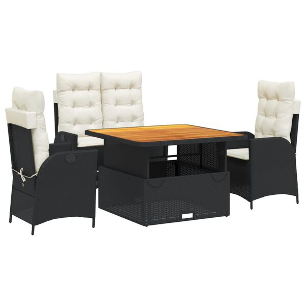 vidaXL Vrtna jedilna garnitura 4-delna z blazinami črn poli ratan