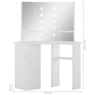 vidaXL Kotna toaletna mizica za ličenje z LED lučkami bela