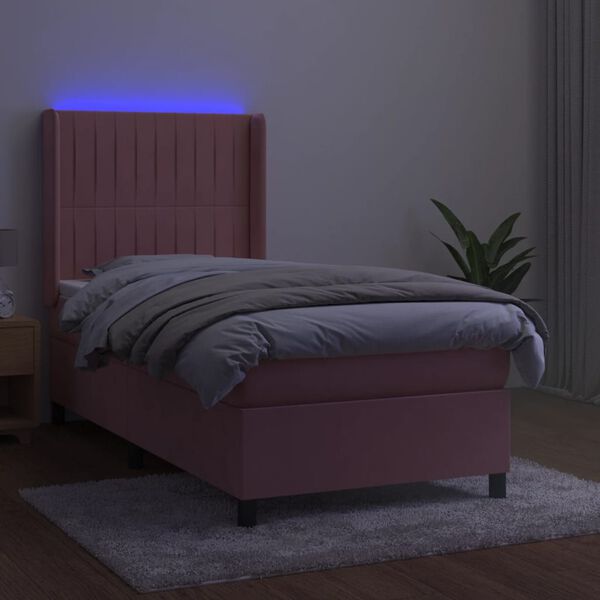vidaXL Box spring postelja z vzmetnico LED roza 90x190 cm žamet
