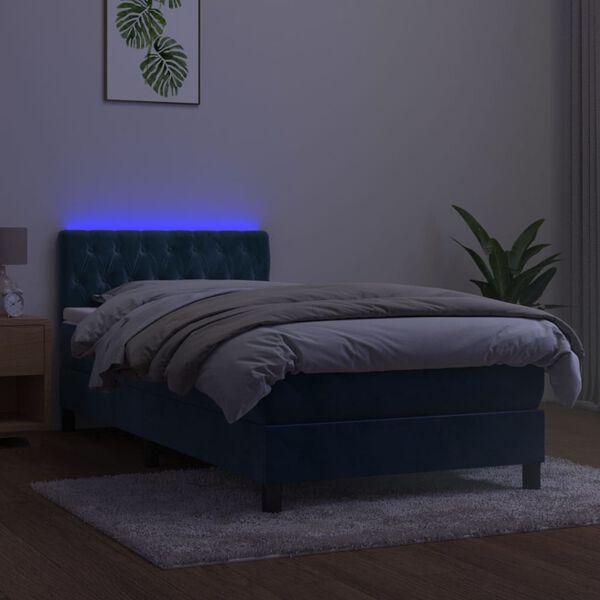 vidaXL Box spring postelja z vzmetnico LED temno modra 90x200 cm žamet