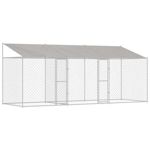 vidaXL Pasja kletka s streho srebrna 600 x 200 x 256 cm Jeklo in PE