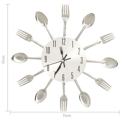 vidaXL Stenska ura z motivom žlic in vilic srebrna 31 cm aluminij