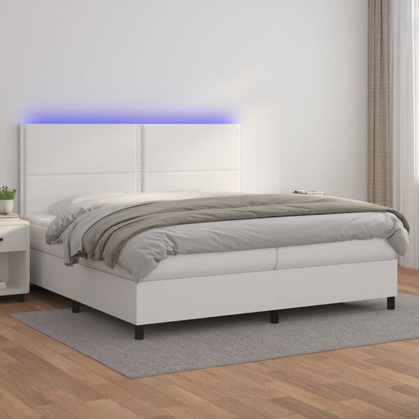 vidaXL Box spring postelja z vzmetnico LED bela 200x200cm umetno usnje