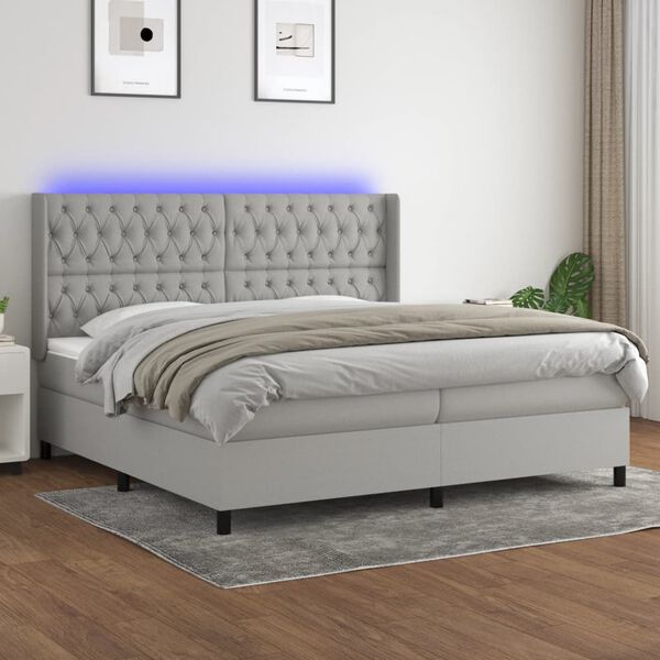 vidaXL Box spring postelja z vzmetnico LED sv. siva 200x200 cm blago