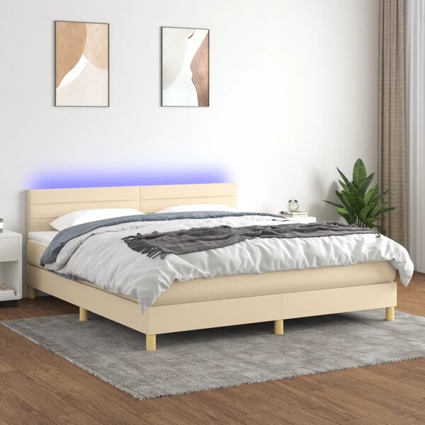 vidaXL Box spring postelja z vzmetnico LED krem 180x200 cm blago
