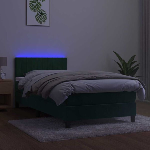 vidaXL Box spring postelja z vzmetnico LED tem. zelena 90x200 cm žamet