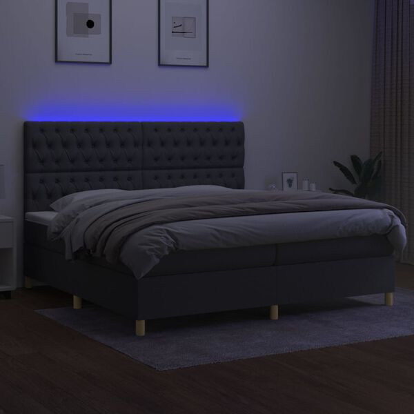 vidaXL Box spring postelja z vzmetnico LED temno siva 200x200 cm blago