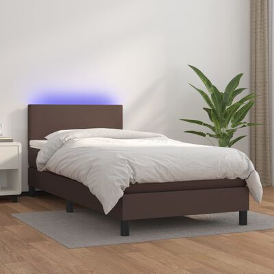 vidaXL Box spring postelja z vzmetnico LED rjava 80x200 cm um. usnje