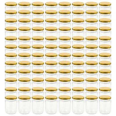 vidaXL Stekleni kozarci z zlatimi pokrovi 96 kosov 230 ml