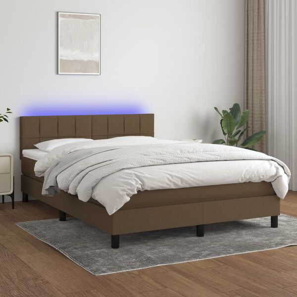 vidaXL Box spring postelja z vzmetnico LED temno rjava 140x190cm blago