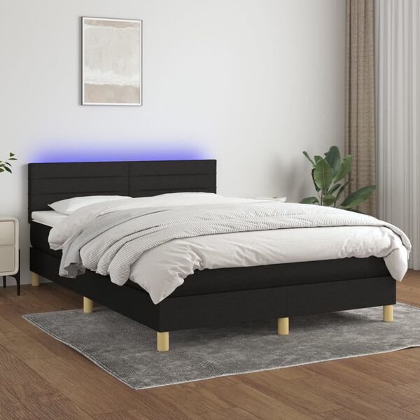 vidaXL Box spring postelja z vzmetnico LED črna 140x190 cm blago