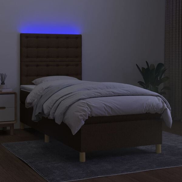 vidaXL Box spring postelja z vzmetnico LED temno rjava 90x200 cm blago