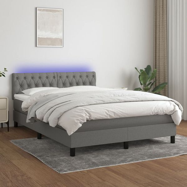 vidaXL Box spring postelja z vzmetnico LED temno siva 140x200 cm blago