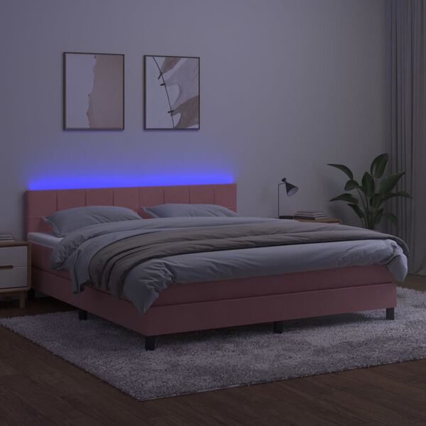 vidaXL Box spring postelja z vzmetnico LED roza 180x200 cm žamet