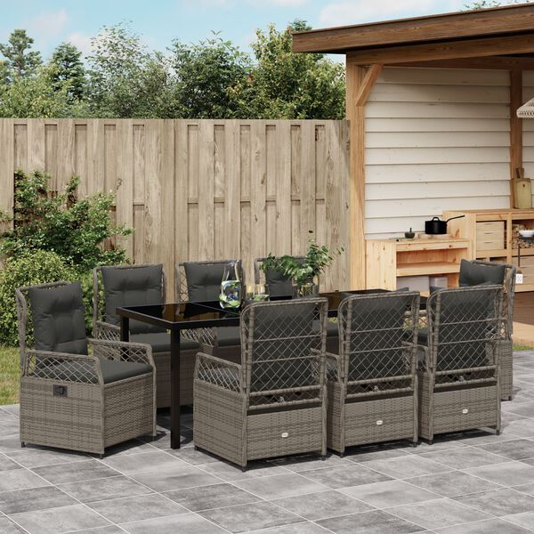 vidaXL Komplet za jedilnico v vrtu 9 pcs Siva poli ratan