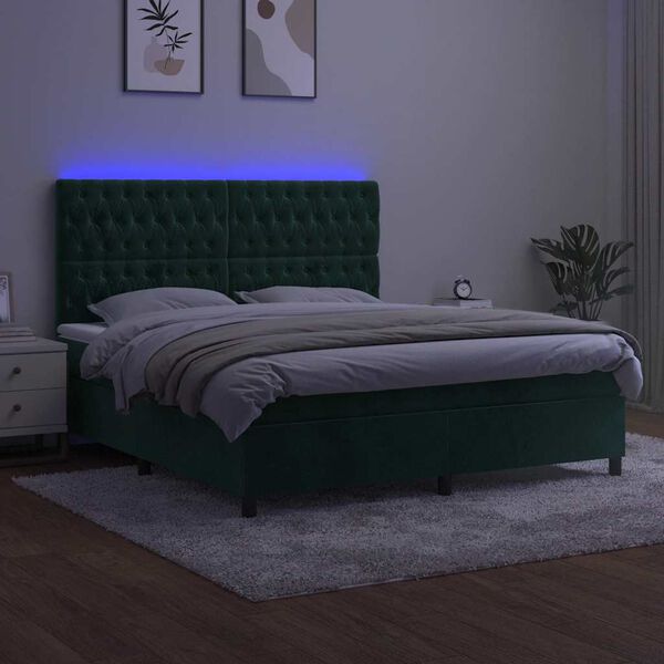 vidaXL Box spring postelja z vzmetnico LED tem. zelena 180x200cm žamet