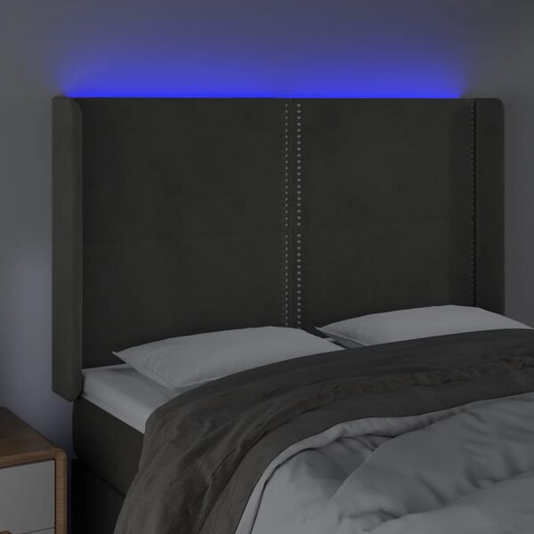 vidaXL LED posteljno vzglavje temno sivo 147x16x118/128 cm žamet