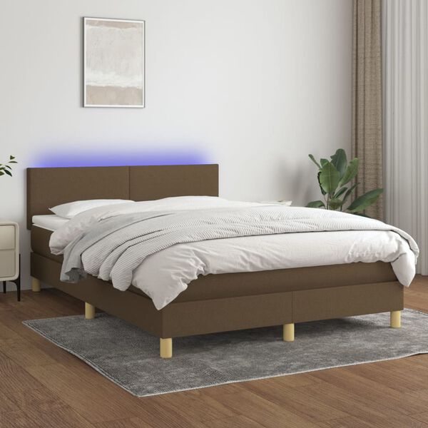 vidaXL Box spring postelja z vzmetnico LED temno rjava 140x190cm blago