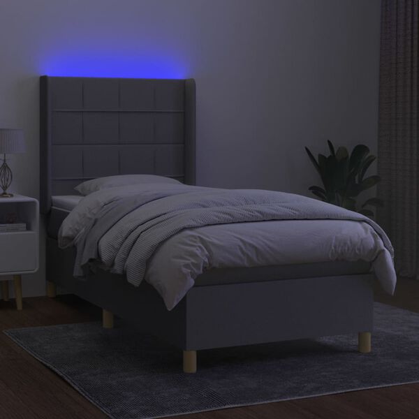 vidaXL Box spring postelja z vzmetnico LED svetlo siva 90x200 cm blago