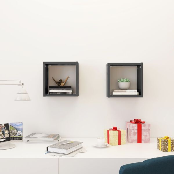 vidaXL Stenske police kockaste 2 kosa visok sijaj sive 26x15x26 cm