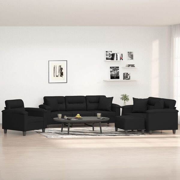 vidaXL Sedežna garnitura 4-delna z blazinami črna mikrovlakna