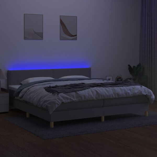 vidaXL Box spring postelja z vzmetnico LED sv. siva 200x200 cm blago