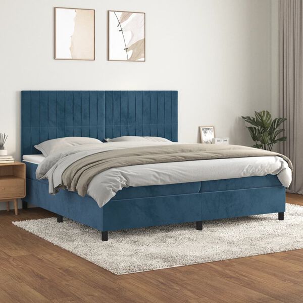 vidaXL Box spring postelja z vzmetnico temno modra 200x200 cm žamet