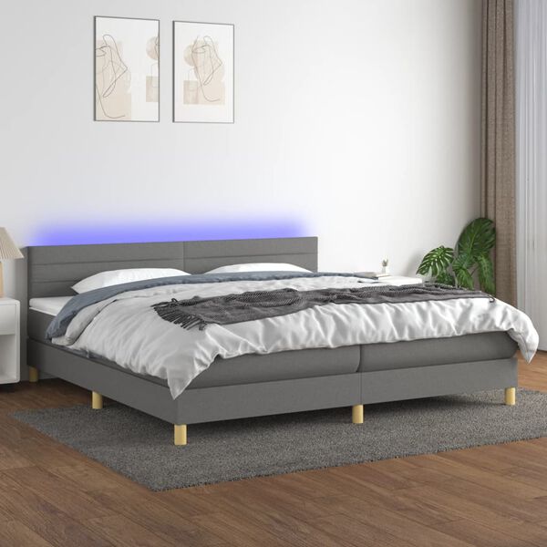vidaXL Box spring postelja z vzmetnico LED temno siva 200x200 cm blago