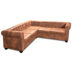 vidaXL Chesterfield kotna sedežna garnitura umetno usnje rjava