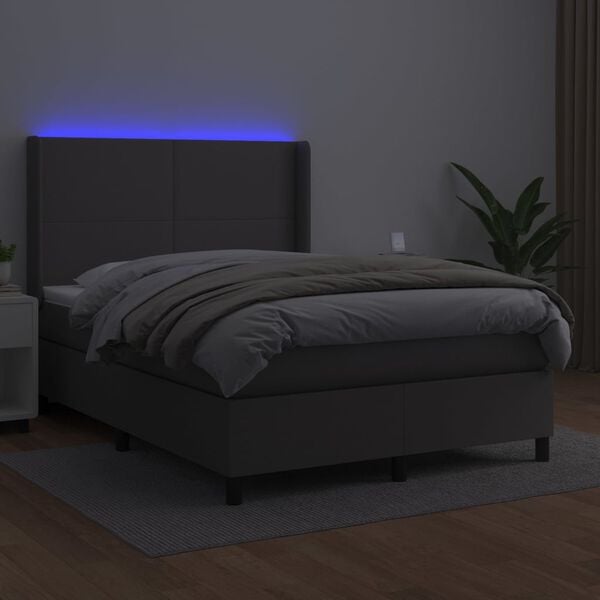 vidaXL Box spring postelja z vzmetnico LED siva 140x190cm umetno usnje