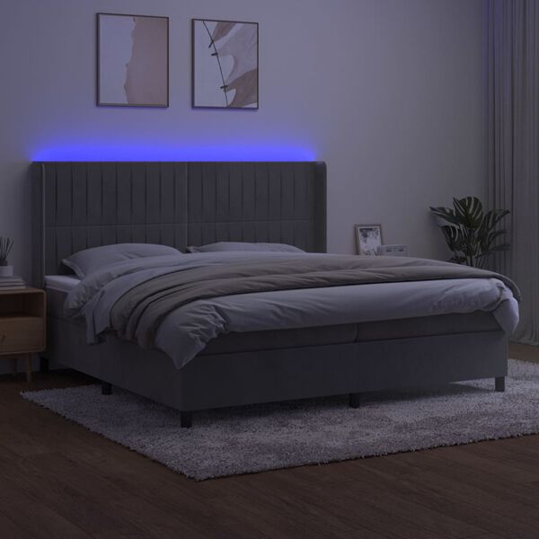 vidaXL Box spring postelja z vzmetnico LED svetlo siva 200x200cm žamet