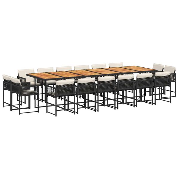 vidaXL Vrtna jedilna garnitura z blazinami 17-delna črn poli ratan