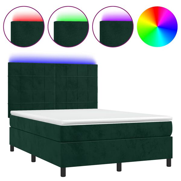 vidaXL Box spring postelja z vzmetnico LED tem. zelena 140x190cm žamet