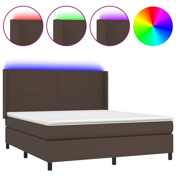 vidaXL Box spring postelja vzmetnico LED rjava 180x200 cm umetno usnje